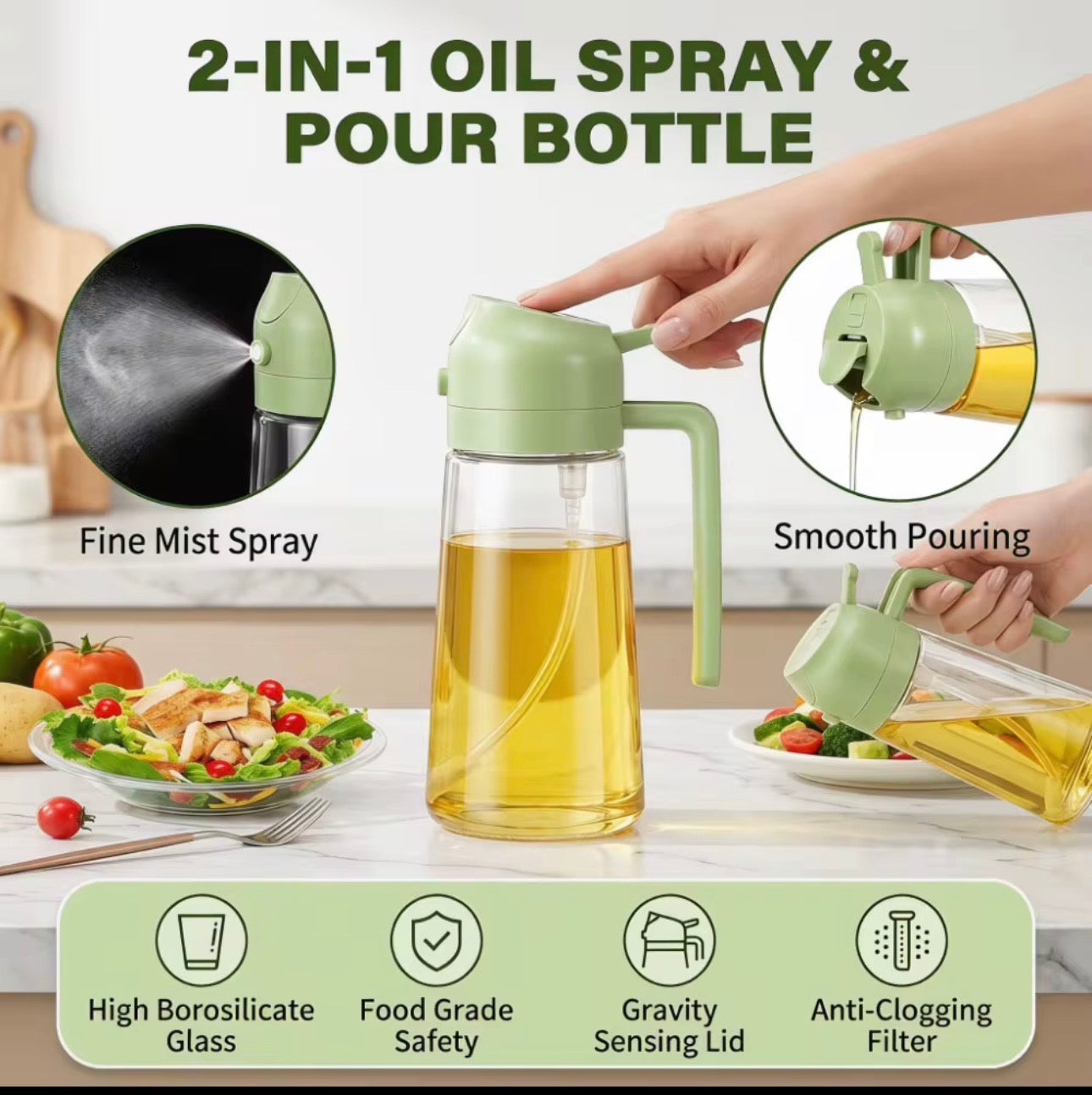 Distributeur d'Huile 2-en-1 – Spray & Bec Verseur pour une Cuisine Saine